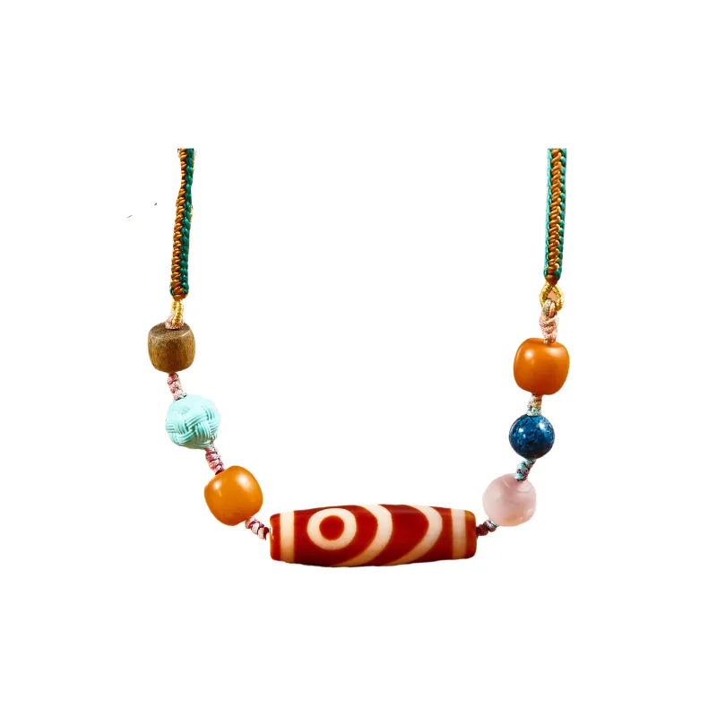 JIUCHAOGUZHU Agate Dzi Bead Necklace Unisex-0