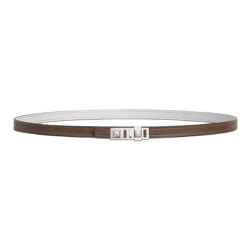 HERMES Leather, Metal, Calfskin, Palladium Plated Leather Belts Women's Brown/White Width 1.3CM-1