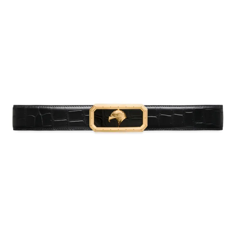 STEFANO RICCI Crocodile Leather Gold-Plated Leather Belts Men's Black Width: 3.8CM-0
