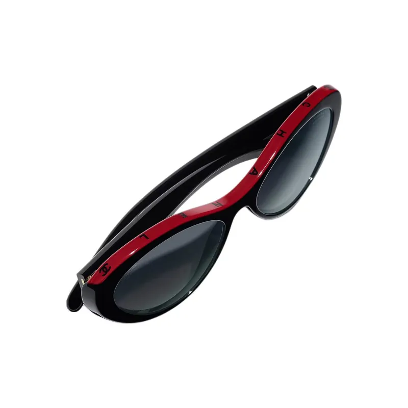 CHANEL Acetate Oval Sunglasses Women's Black Red-4