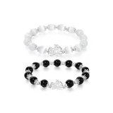Sterling Silver Chinese Auspicious Animal Baby Beaded Bracelet 1 Pair[Glass Cat Eye+Black Onyx]