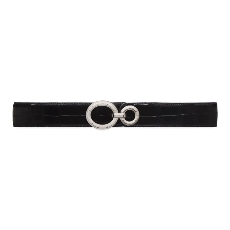 STEFANO RICCI Crocodile Leather Palladium-Plated Calfskin Leather Belts Men's Black Width: 3.8CM-0