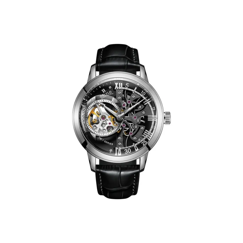 OBLVLO Automatic Mechanical Movement Cowhide Strap Men's Watches Black Dial-8