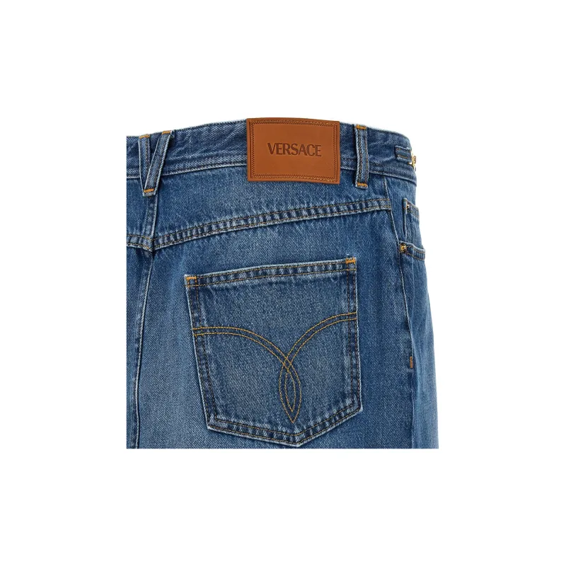 VERSACE Logo Patch Denim Skirt-5