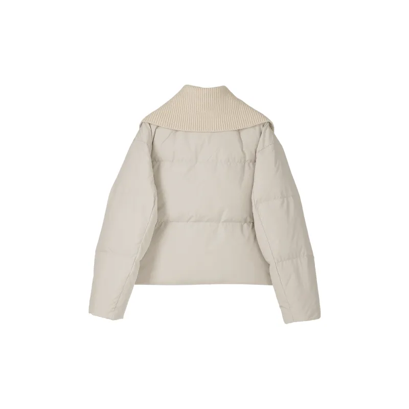 Fstudio Korean Style 90 Fill Power White Duck Down Cropped Patchwork Knitted Fabric Down Jacket Women's Beige-1