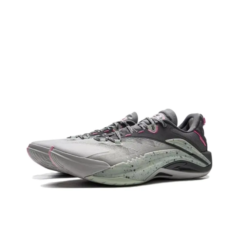 LiNing Wear Resistant Support Rebound Grip Low Top Outdoor Performance Basketball Shoes Men's Gray Cyan Pink-2