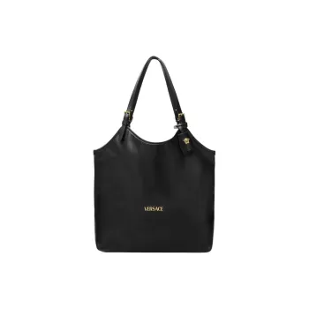 VERSACE Tag Cow Leather Tote Bag Shopping Bag Shoulder Bag Handbag Medium Size Women's Black