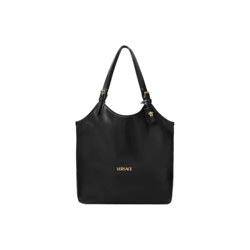 VERSACE Tag Cow Leather Tote Bag Shopping Bag Shoulder Bag Handbag Medium Size Women's Black