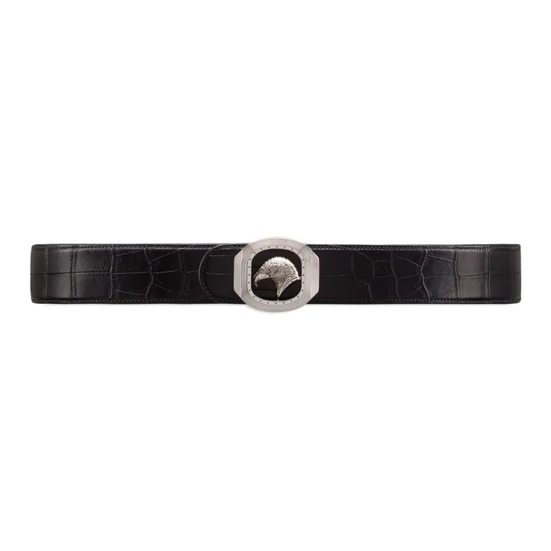 STEFANO RICCI Crocodile Leather Palladium Zinc-Plated Leather Belts Men's Black Width 4.2CM-0