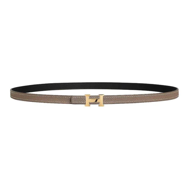 HERMES Leather, Metal, Calfskin, Gold Plated Leather Belts Women's Black/Elephant Gray Width 1.3cm-1