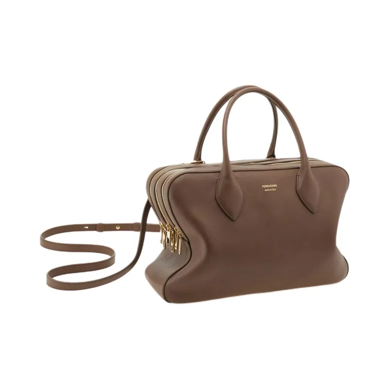 FERRAGAMO Cow Leather Shoulder Bag Crossbody Bag Handbag Medium Size Women's Mud Earth Tone-1
