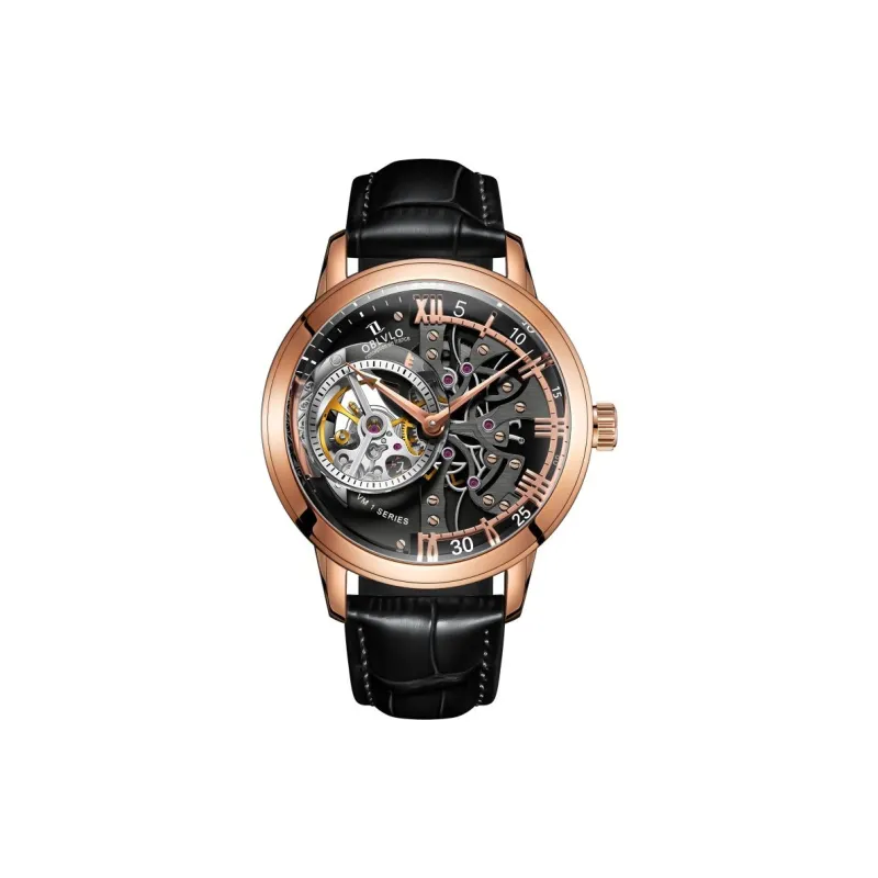 OBLVLO Automatic Mechanical Movement Cowhide Strap Men's Watches Black Dial-10