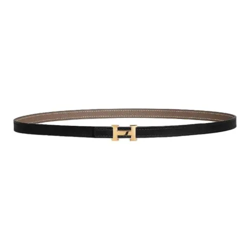 HERMES Leather, Metal, Calfskin, Gold Plated Leather Belts Women's Black/Brown Width 1.3cm