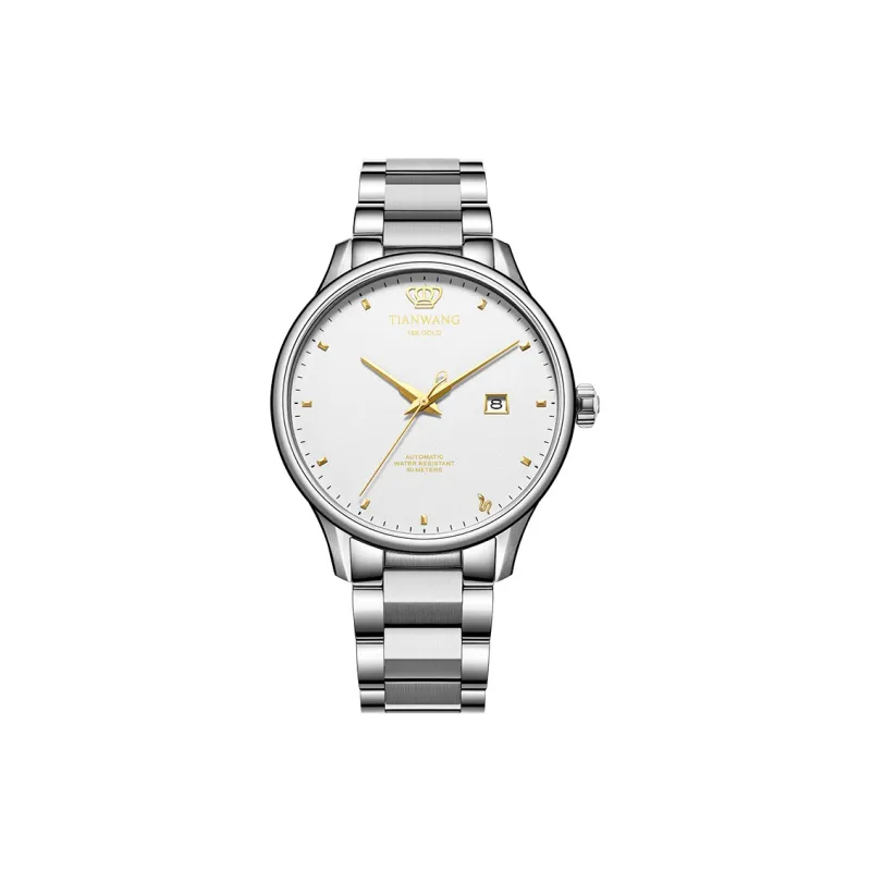 TIANWANG Golden Label Brings Blessings. Mechanical Movement Stainless Steel Strap Watch Men's Watches White Dial-0