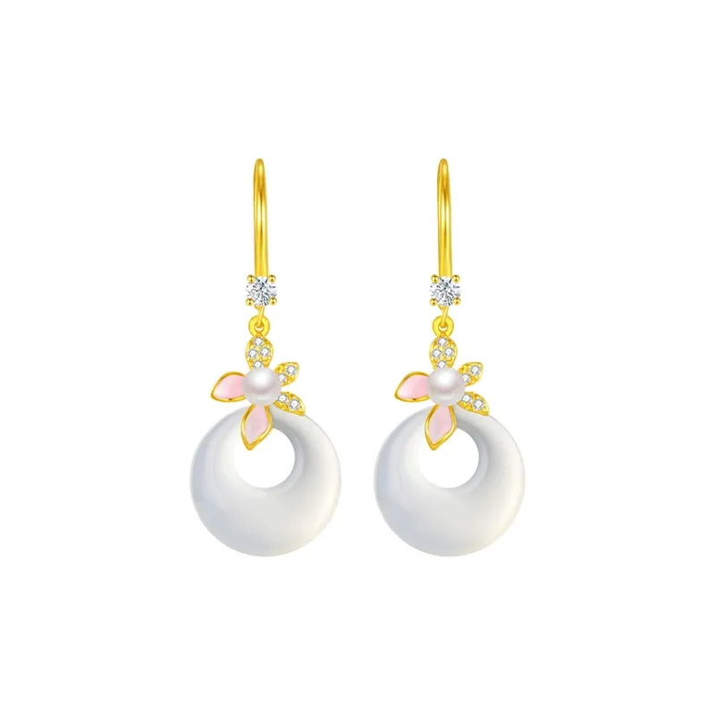 CHOW TAI SENG Chalcedony White Chinese Style Floral Hoop Earrings Women's-0