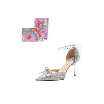 Crelinkxlat Pointed Toe Bowknot Crystal Shoes Slim Heel Box High Heels Women's Silver