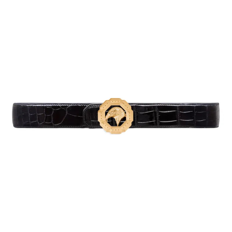 STEFANO RICCI Crocodile Leather Gold-Plated Leather Belts Men's Black Width: 3.8CM-0