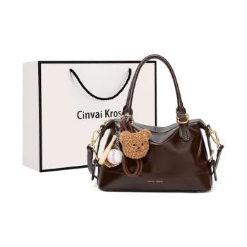 Simvay Clos Cow Split Leather Bonded Synthetic Leather Boston Bag One Shoulder Handbags Women's Coffee