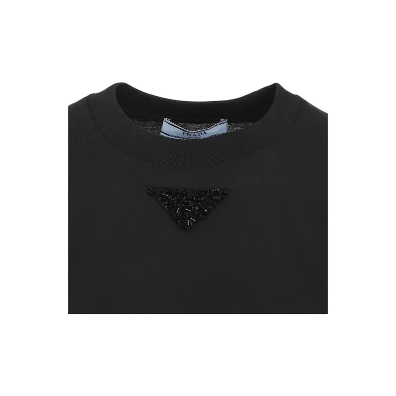 PRADA Solid Color Logo Emblem Round Neck Pullover Short Sleeved T Shirt Women's Smoke Gray-5