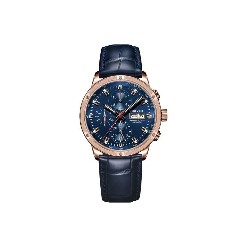 OBLVLO Automatic Mechanical Movement Cowhide Strap Watch Men's Watches Blue Dial-7