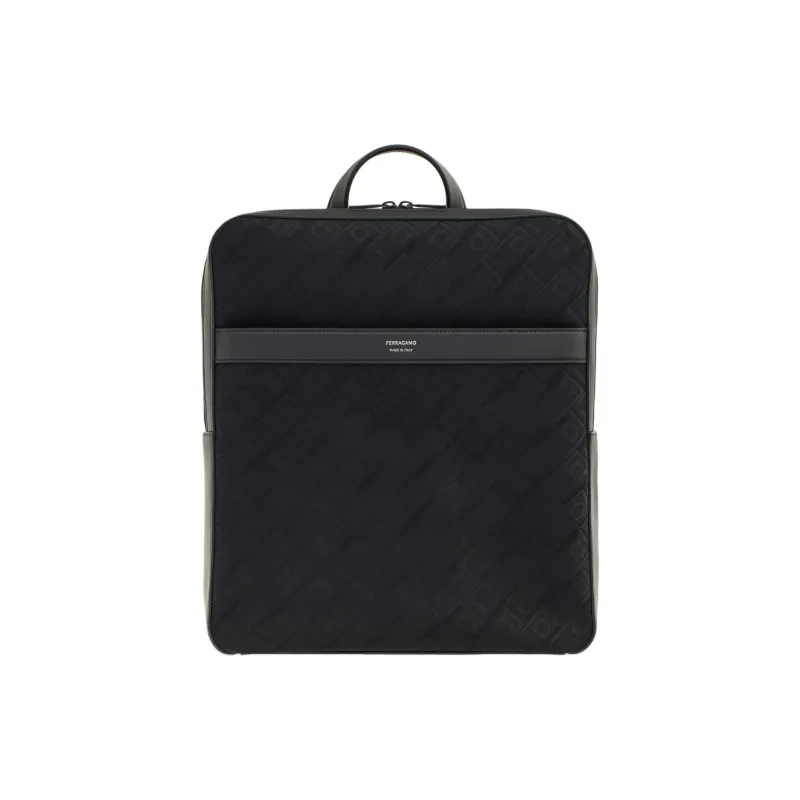 FERRAGAMO Calfskin Textile Backpack Men's Black-0