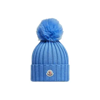 Moncler Knitted Fabric Merino Wool Faux Fur Pure Wool Modified Acrylic Acrylic Polyester Beanies Women's Blue