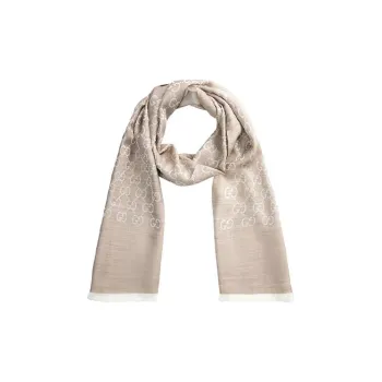 GUCCI GG Jacquard Pattern Two Tone Wool Silk Scarf Beige