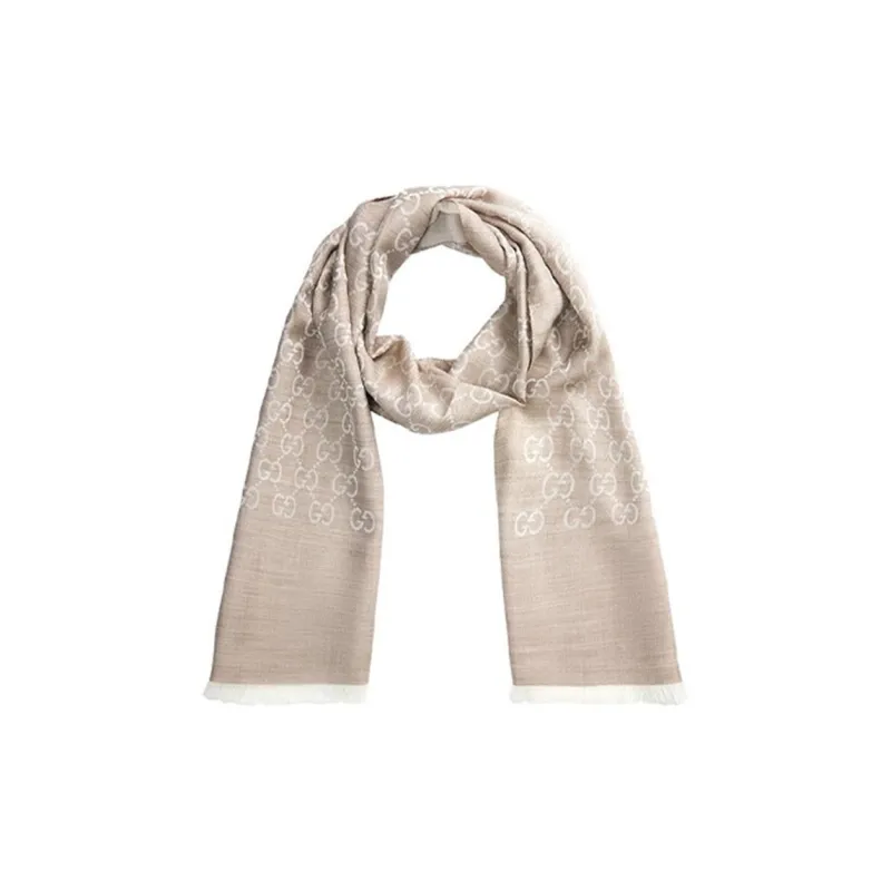 GUCCI GG Jacquard Pattern Two-Tone Wool Silk Scarf Beige-0