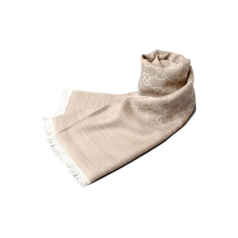 GUCCI GG Jacquard Pattern Two-Tone Wool Silk Scarf Beige-3