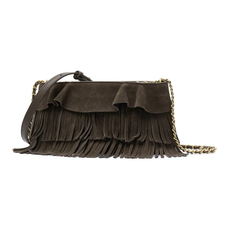 Staccato Split Cow Leather Hobo Shadow Chaser Crossbody Bag Medium Size Women's Vintage Dark Coffee-2