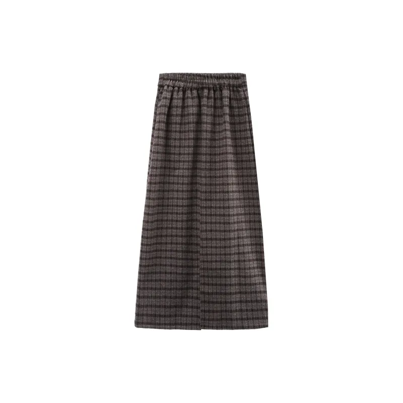 A Paradise For Awakening Casual Long Skirts Women's Coffee Plaid-1