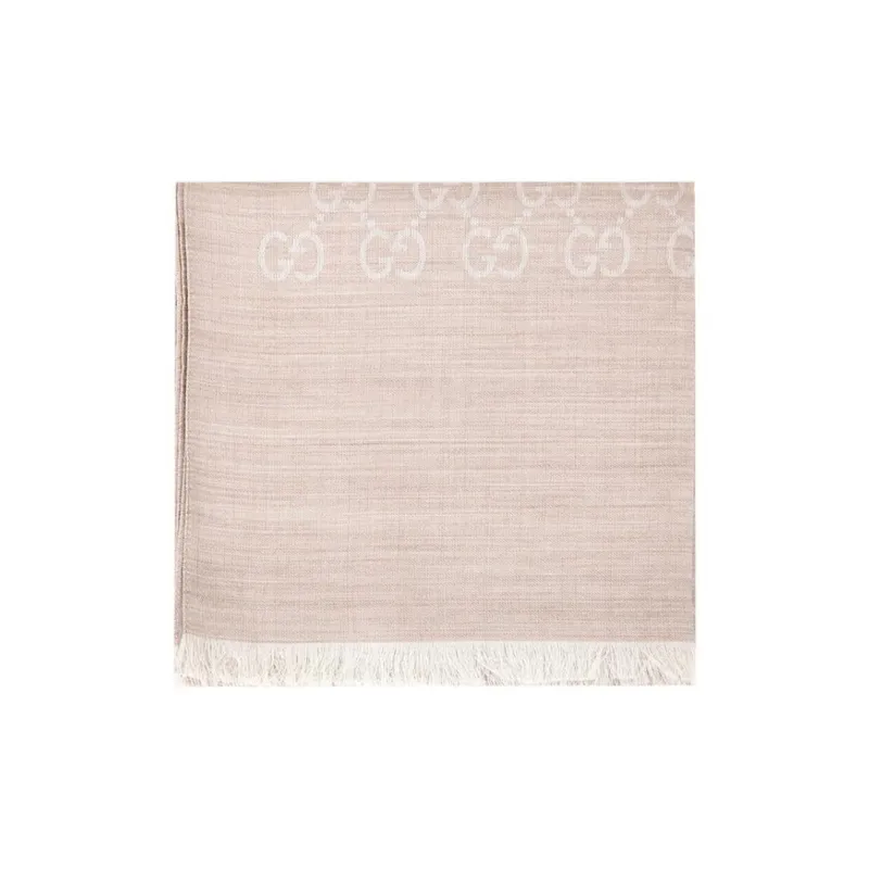 GUCCI GG Jacquard Pattern Two-Tone Wool Silk Scarf Beige-1