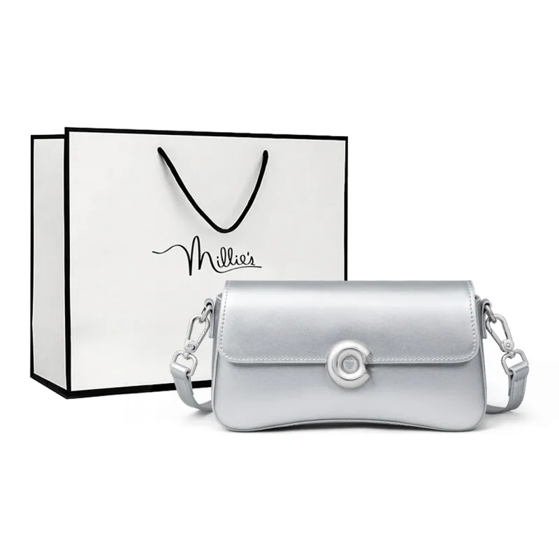 MILLIE'S Cow Leather Patchwork Synthetic Leather Shoulder Bag Crossbody Bag Regular Women's Silver/Milk White-0