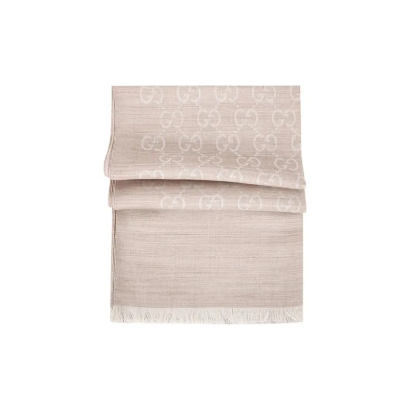 GUCCI GG Jacquard Pattern Two-Tone Wool Silk Scarf Beige-2