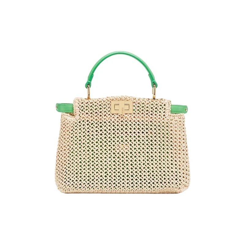 FENDI Peekaboo Raffia Handbag Mini Women's Beige & Green-0