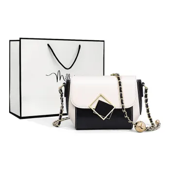 MILLIE'S Cow Leather With Synthetic Leather Chain Bag, Shoulder Bag, Crossbody Bag Regular Women's White & Black