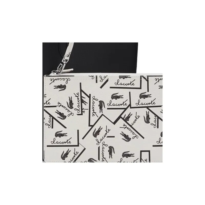 LACOSTE PVC Tote Bag Shopping Bag Handbag Large Size Women's Black & Ecru-3