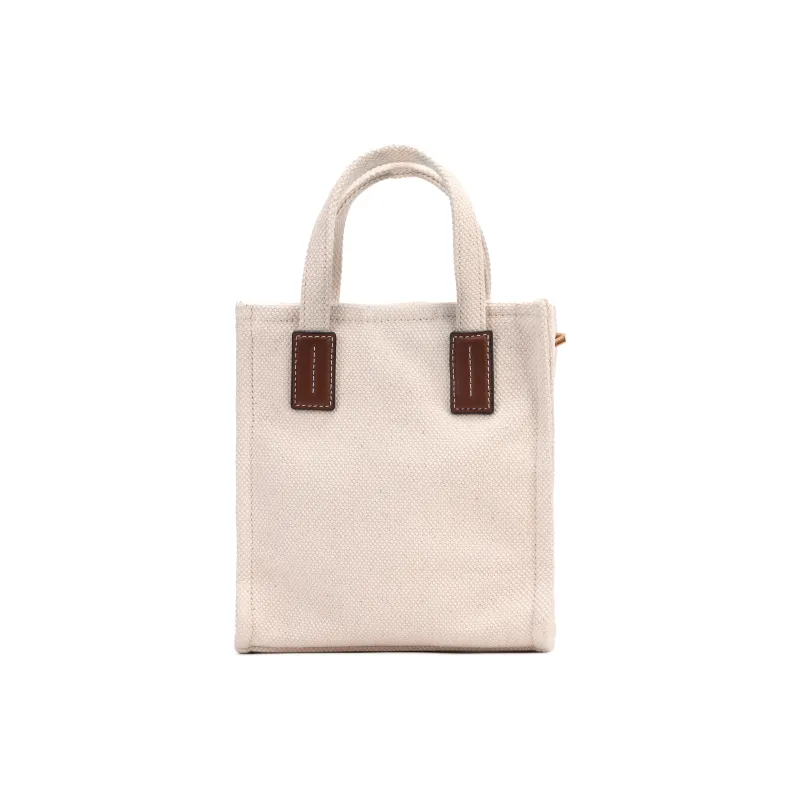 BALLY Cotton Fabric With Leather Trim Tote Bag Shopping Bag Handbag Mini Women's Beige-6