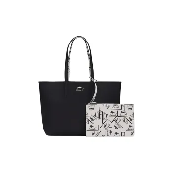 LACOSTE PVC Tote Bag Shopping Bag Handbag Large Size Women's Black & Ecru