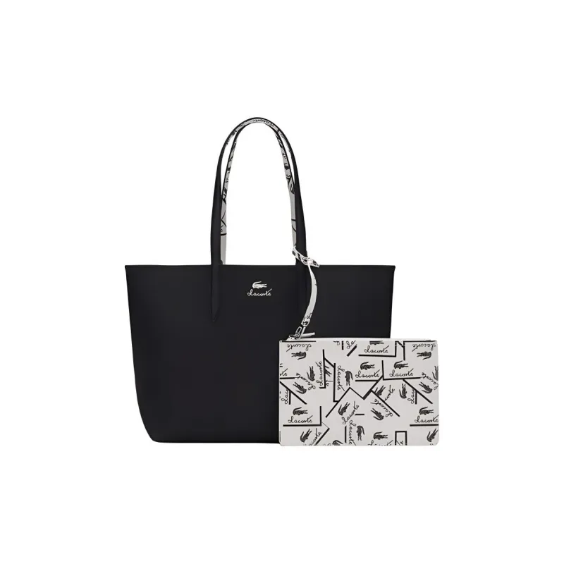 LACOSTE PVC Tote Bag Shopping Bag Handbag Large Size Women's Black & Ecru-0
