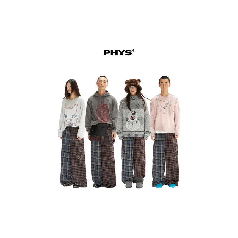 WULISHAONIAN Casual Pants Unisex Red & Gray & Blue Plaid-2