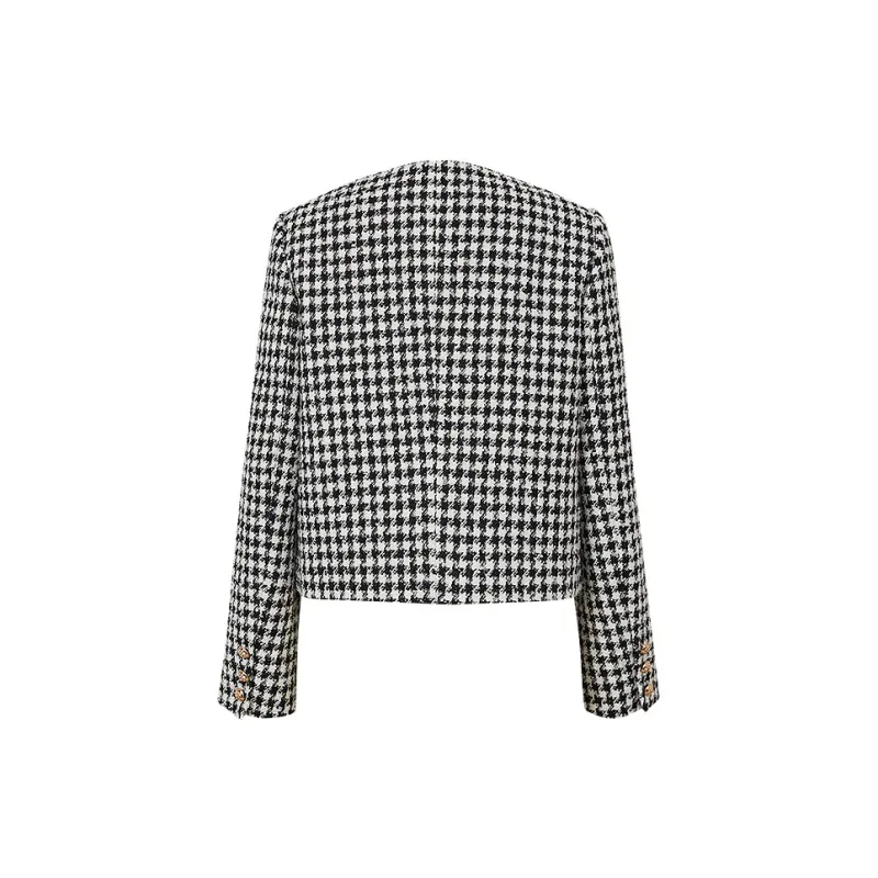 Hopeshow Cropped Coat Women's White Base Black Plaid-1