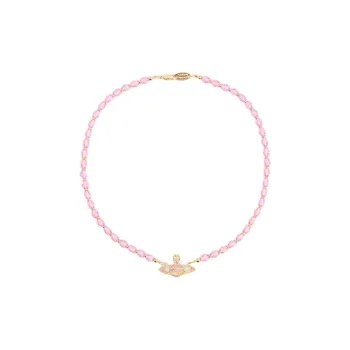 Vivienne Westwood Brass Crystal Saturn Beaded Necklace Women's Peach Pink Diamond/Gold