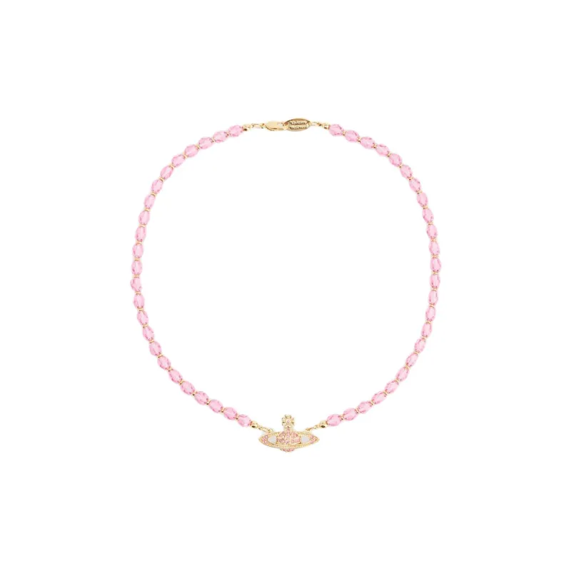 Vivienne Westwood Brass Crystal Saturn Beaded Necklace Women's Peach Pink Diamond/Gold-0