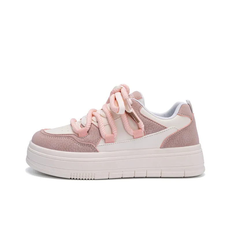 HUANQIU Coverage Abrasion Resistant Height Increasing Low Top Skateboard Shoes Women's Beige Pink-0