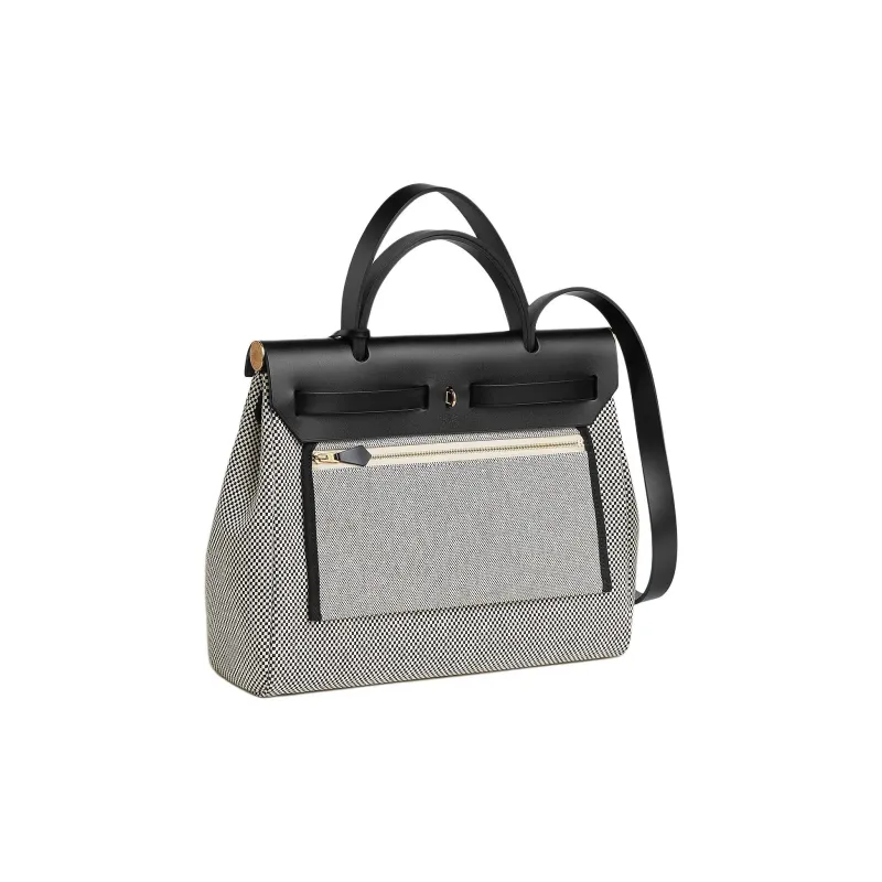 HERMES Herbag Zip Criss Viking Canvas With Hunter Leather One Shoulder Handbags Women's Beige & Black-2