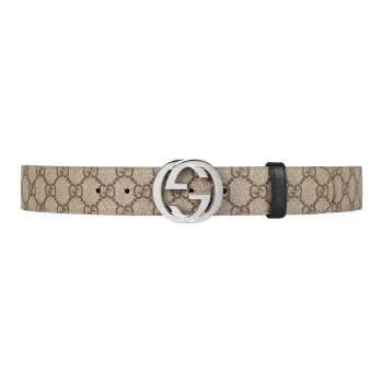 GUCCI Canvas Leather Metal Leather Belts Men's Beige Width 3.7CM