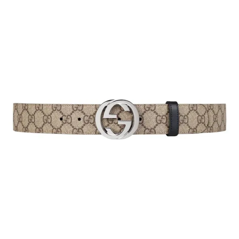 GUCCI Canvas Leather Metal Leather Belts Men's Beige Width 3.7CM-0