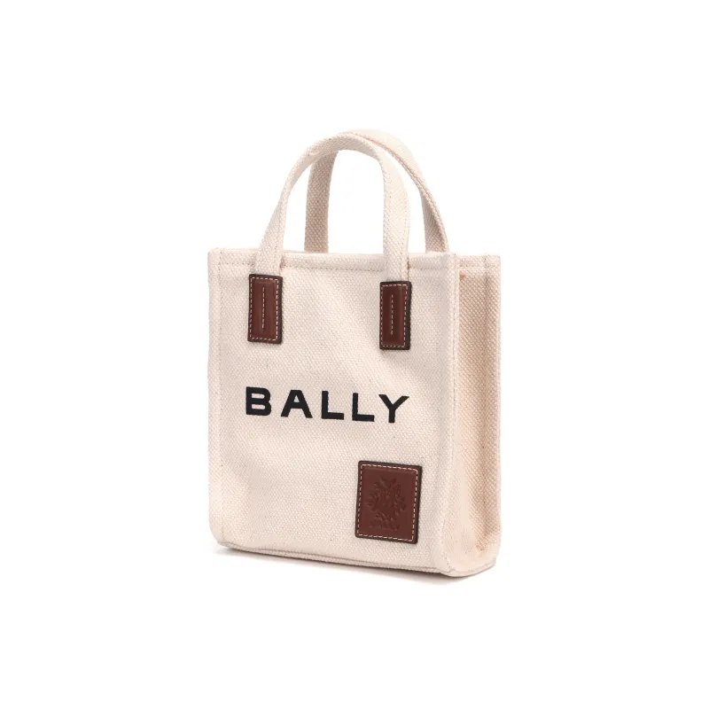BALLY Cotton Fabric With Leather Trim Tote Bag Shopping Bag Handbag Mini Women's Beige-3