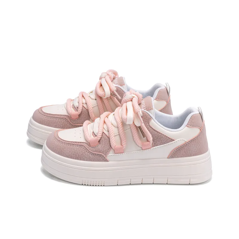 HUANQIU Coverage Abrasion Resistant Height Increasing Low Top Skateboard Shoes Women's Beige Pink-1